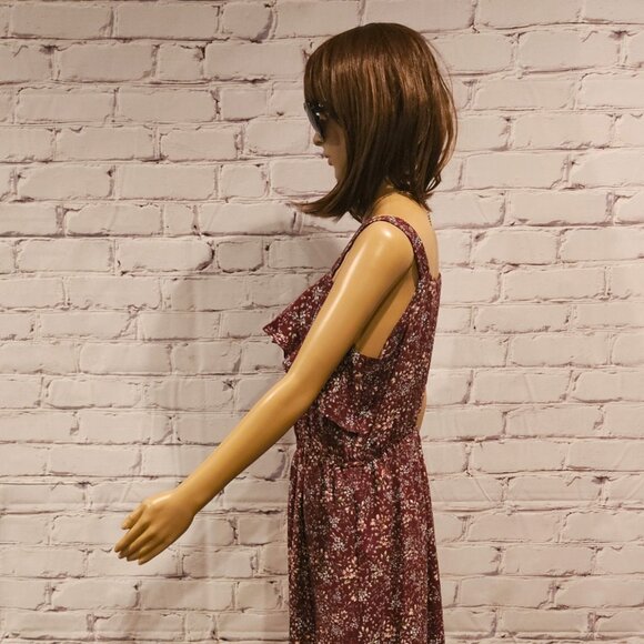 NWT!! BOBEAU - Burgundy sleeveless front ruffle floral dress - Picture 9 of 11